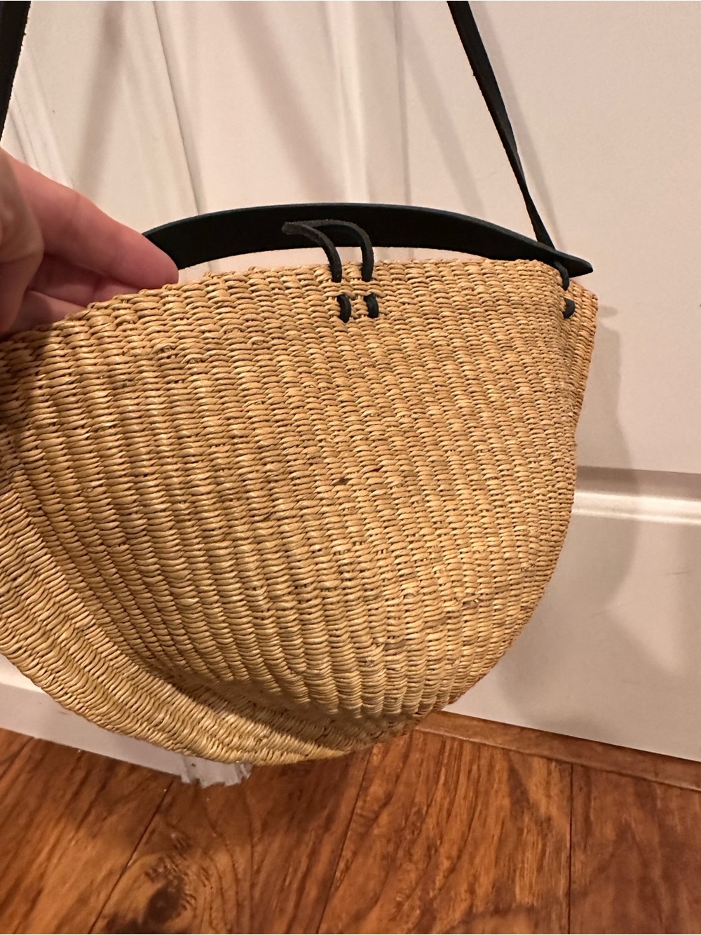 Woven Half-Moon Shoulder Bag with Black Leather Strap - Picture 3 of 4